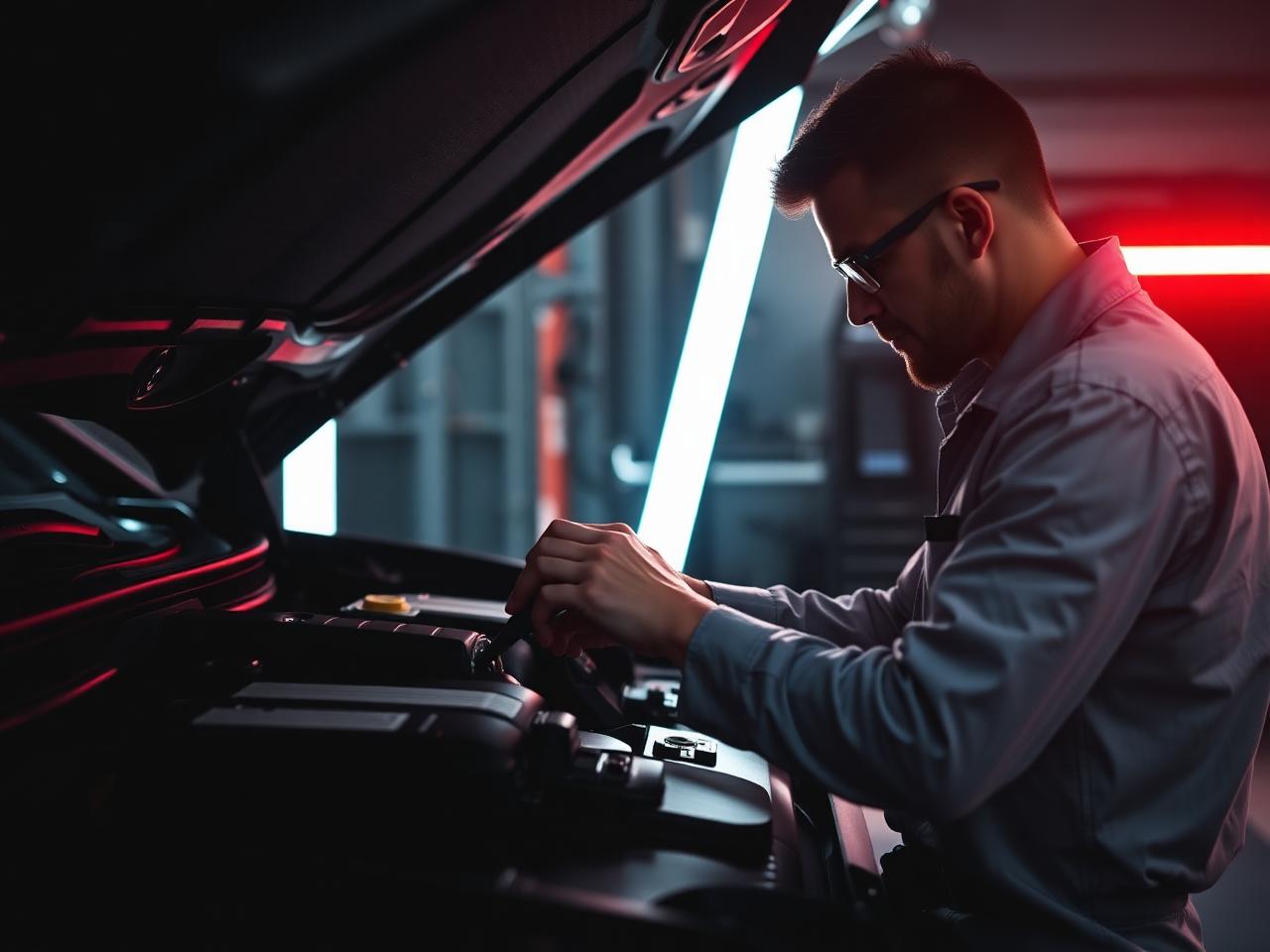 Specialist mechanic working on engine